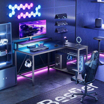 Bestier Gaming Desk with Power Outlets, 42" L-Shaped Computer Desk with LED Lights, Desk with Reversible Storage Shelves & Hooks for Small Spaces, Bedrooms & Offices, Black Carbon Fiber