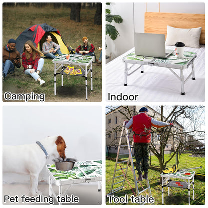 Folding Camping Table 2ft Portable Pinic Table Adjustable Height Small Card Table Aluminum Foldable Lightweight with Carry Handle for Outdoor Indoor Hiking Camp BBQ Beach (Monstera Palm Leaves)
