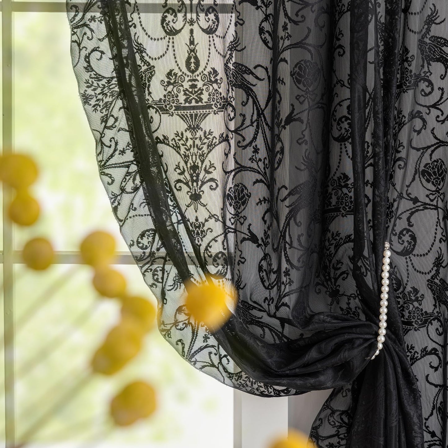 TUDECO Black Sheer Curtains 84 Inches Long - Shabby Chic Knitted Floral Lace Curtains Privacy Goth/Witchy Dark Window Curtains for Living Room Rod Pocket French Decor 1 Pair, 59 x 84 Inch