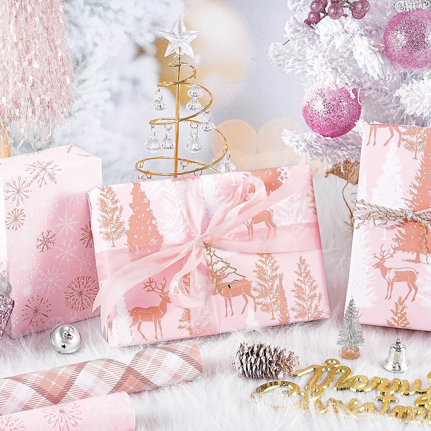 RUSPEPA Pink Christmas Wrapping Paper Set, Mini Roll, Gold Foil Winter Wonderland Design with Reindeer, Snowflake, Plaid Patterns Perfect for Holiday Gifts, 3 Rolls, 17 inches x 10 feet per Roll