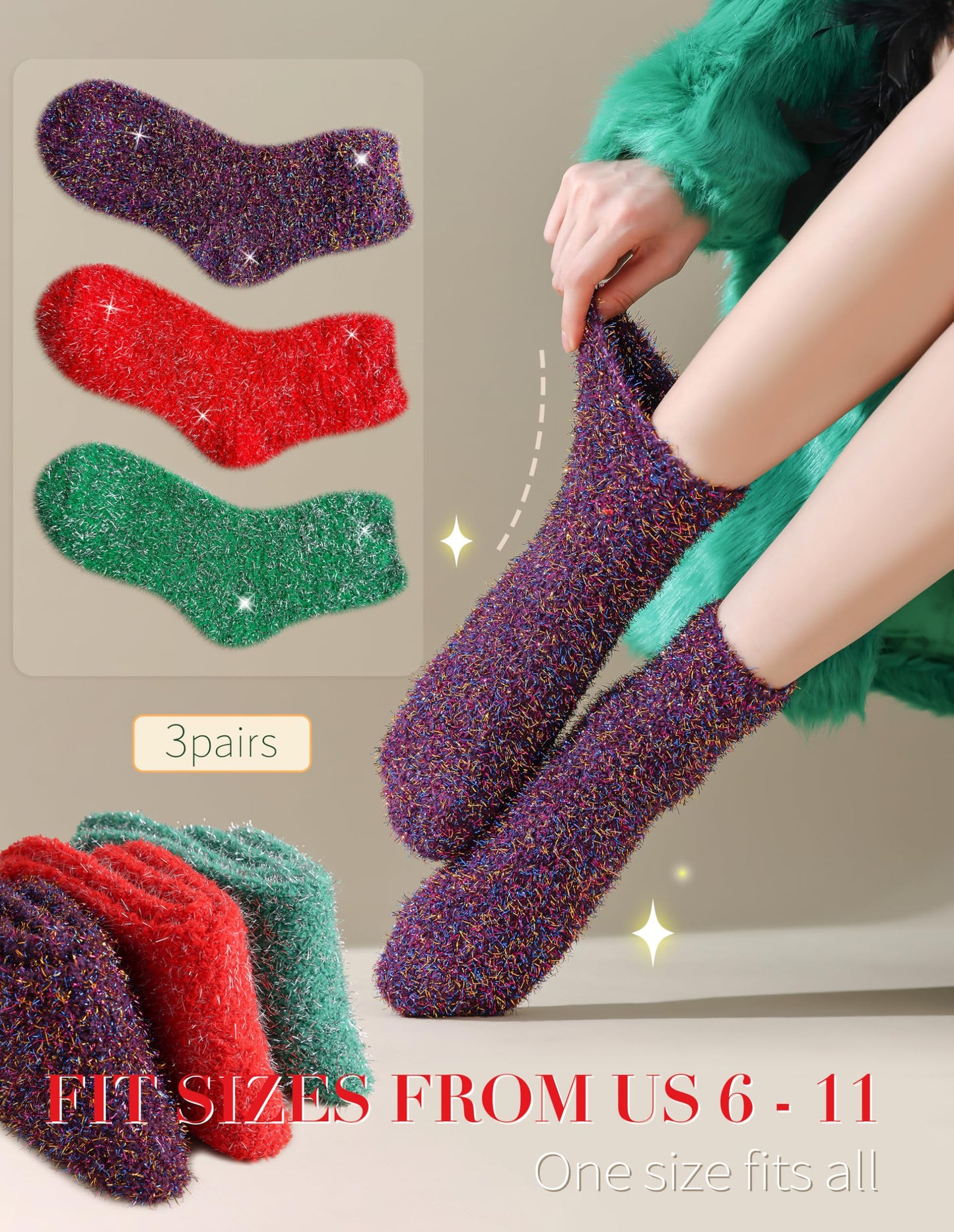 AIVEI Sparkly Fuzzy Socks for Women Men, Halloween Gifts Boo Spooky Basket Stuffers, Funny Cute Crazy Fluffy Plush Slipper Socks for Girls Boys 3 Pairs