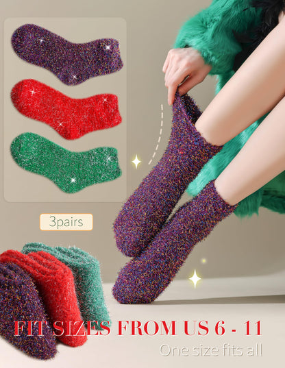 AIVEI Sparkly Fuzzy Socks for Women Men, Halloween Gifts Boo Spooky Basket Stuffers, Funny Cute Crazy Fluffy Plush Slipper Socks for Girls Boys 3 Pairs