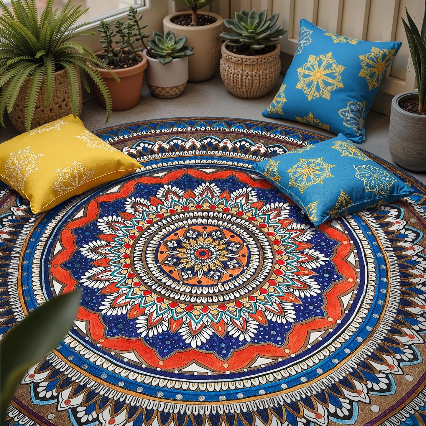 jinchan Mandala Round Rug 6ft Blue Rustic Boho Washable Rug Tribal 6' Round Vintage Peaceful Circle Rug Soft Non Slip Low-Profile Carpet for Living Room Bedroom Dining Room Patio, Saffron Blue