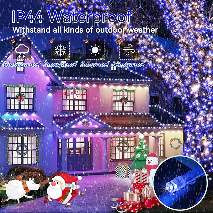 Hezbjiti 1000 LED 403 FT Christmas String Lights Outdoor, 8 Lighting Modes IP44 Waterproof Fairy Lights with Timer and Dimmable Function for Home Party Tree Decorations (Blue+White, Clear Wire)