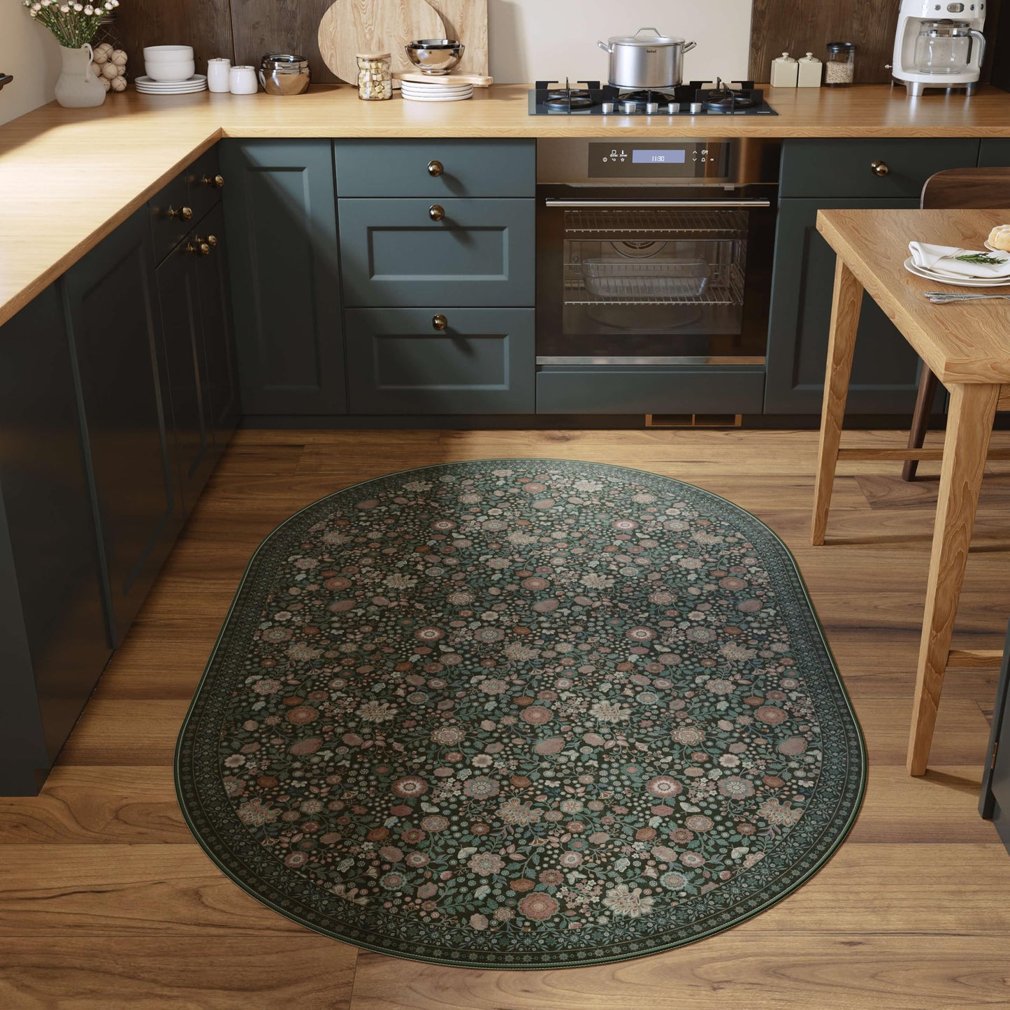 Clemile Floral Oval Rug 4x6 - Washable Ultra-Thin Living Room Rug Non-Slip Carpets - Soft & Stain Resistant Rug for Kitchen Bedroom Dining Room Indoor Nursery Dark Green