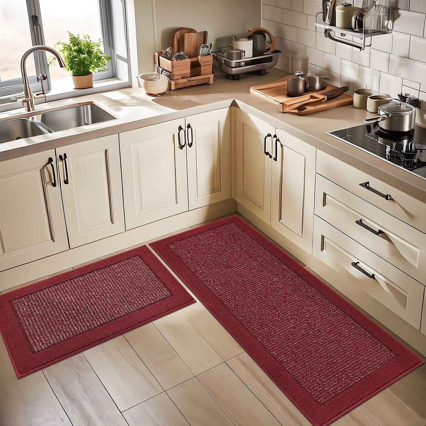 BEQHAUSE Kitchen Rugs and Mats Set of 2 Non-Slip Kitchen Mats for Floor, Absorbent and Stain Resistant Kitchen Runner, Machine Washable Rugs for Kitchen, Laundry & Sink, 20"x32"+20"x48", Red