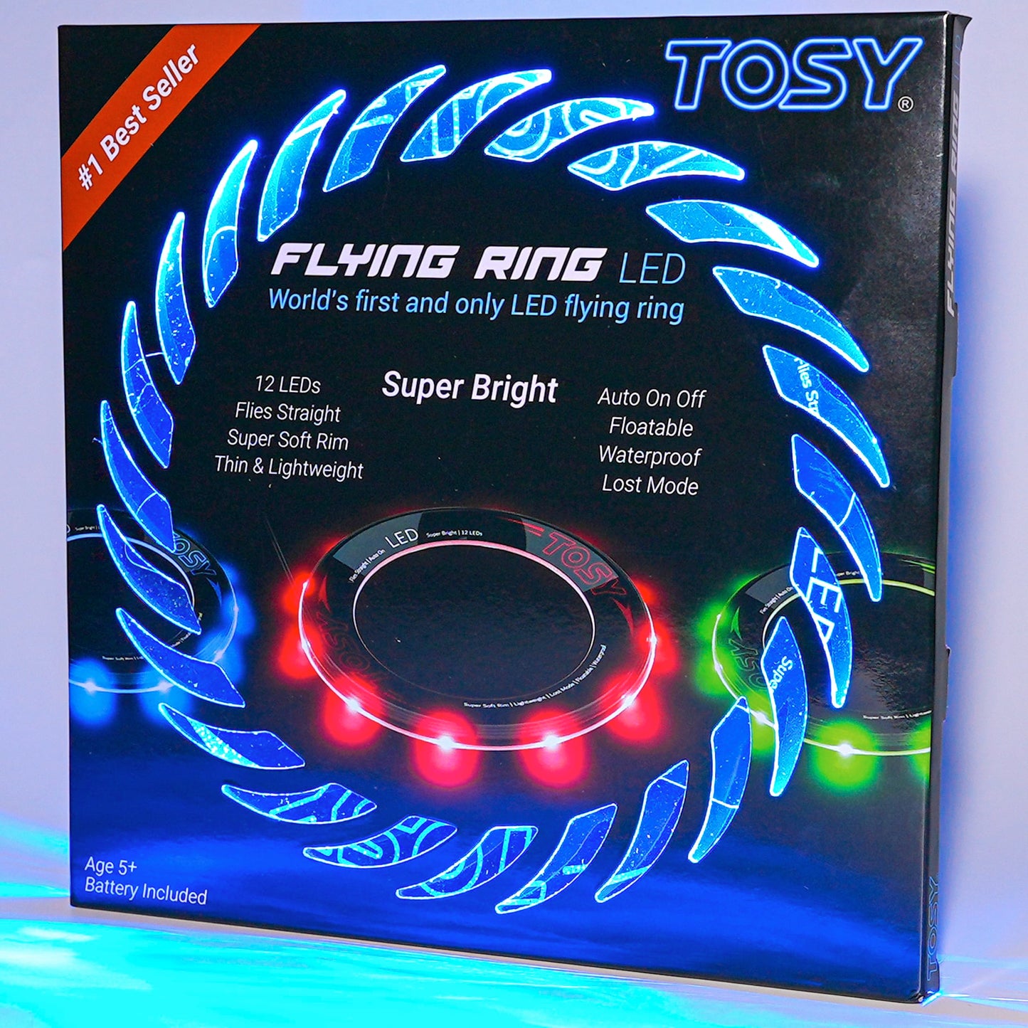 TOSY Flying Ring - 12 LEDs, Super Bright, Lost Mode, Auto Light Up, Camping Essentials for Kids/Teens/Boy/Girl, Safe & Soft, Waterproof, Pool/Beach Games, Lightweight Toy (Blue)