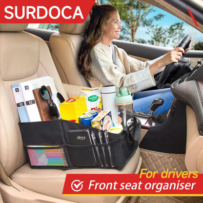 SURDOCA Car Seat Organiser for Front or Backseat, Travel Storage Accessories for Kids, Backseat Organiser with Tray for Toys, Snacks, Cups, Books, Tissue, Tidy and Clean
