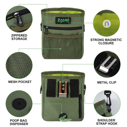 Dog Treat Pouch with Collapsible Dog Bowl, Training Clicker and Poop Bags, Treat Pouches for Pet Training, Magnetic Closure, Built-in Poop Bag Dispenser, Waist Belt Clip, Puppy Treat Bag - Green