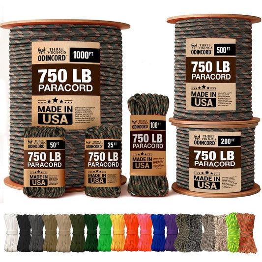 Three Vikings Paracord Rope - 750lb - 100% Nylon - Made in USA - Type IV - 11 Strand Core - Stronger Then Paracord 550 Cord - Camouflage - Woodland Camo - 100 Ft.