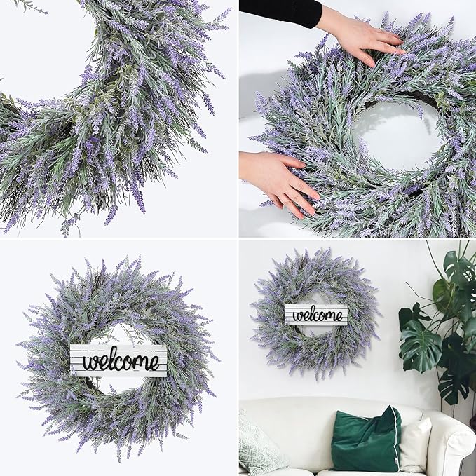24" Wreath, Spring Wreaths, Artificial Lavender Wreath for Front Door, with Welcome Sign Wreath Hanger, for Spring, Summer, Autumn and Winter, Indoors,Outdoors, corridors, Offices. (Purple)