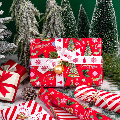 WRAPAHOLIC Reversible Christmas Wrapping Paper - Mini Roll - 17 Inch x 33 Feet - Red Christmas Tree Wrapping Paper and Stripe Design for Holiday, Party Celebration