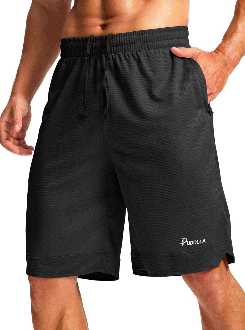 Pudolla Men's Basketball Shorts with Zipper Pockets 11" Long Gym Athletic Shorts for Men Lightweight Quick Dry(Black Medium)