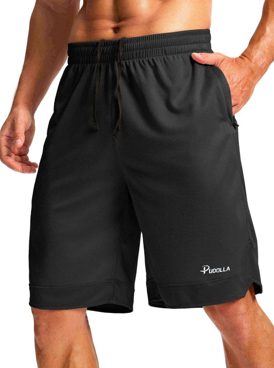 Pudolla Men's Basketball Shorts with Zipper Pockets 11" Long Gym Athletic Shorts for Men Lightweight Quick Dry(Black Medium)