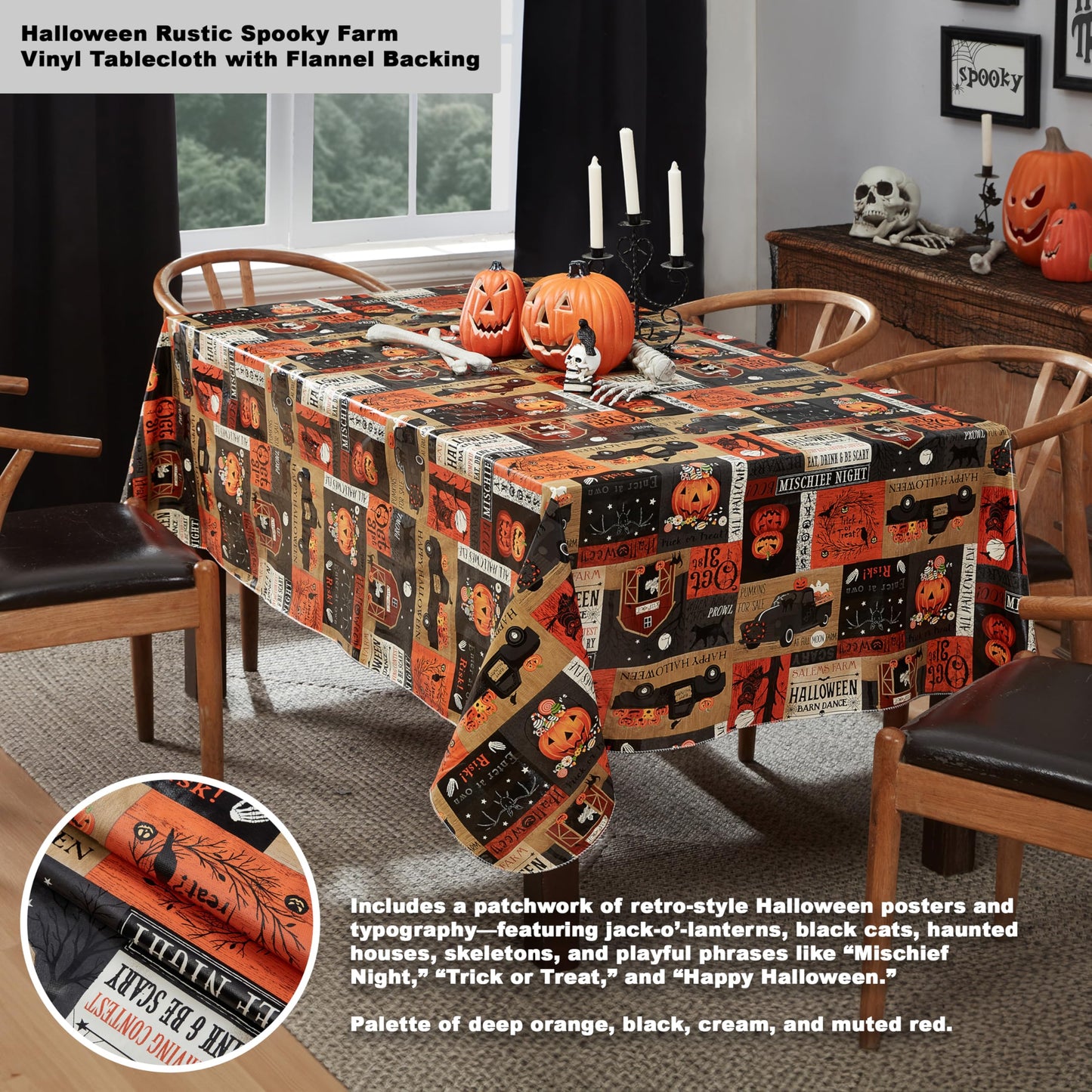 Newbridge Halloween Rustic Spooky Farm 60 x 84 Inch Rectangle Vinyl Tablecloth with Flannel Backing