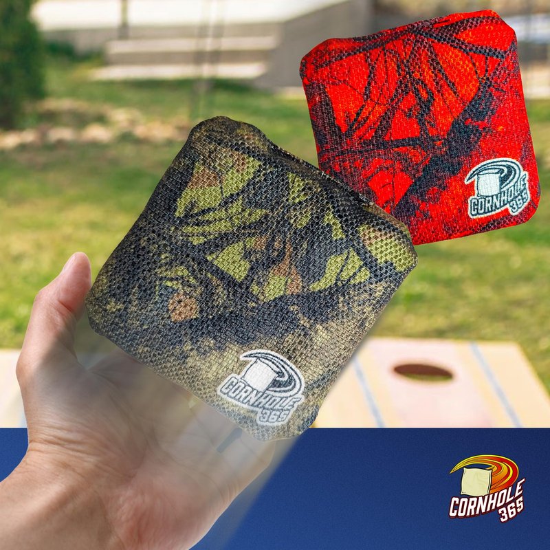 Cornhole365 Themed Cornhole Bags - 6"x6" All Weather Dual-Sided Slick & Stick - Plastic Resin Cornhole Bean Bag Filler & Suede - Dual Stitched for Sports Competition - Hunting Camo - Set of 8