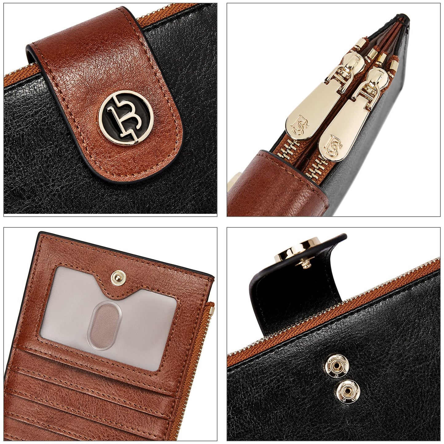 BOSTANTEN Leather Wallets for Women Large RFID Blocking Slim Bifold Purse Card Holder with Zipper Pocket Black＆Brown