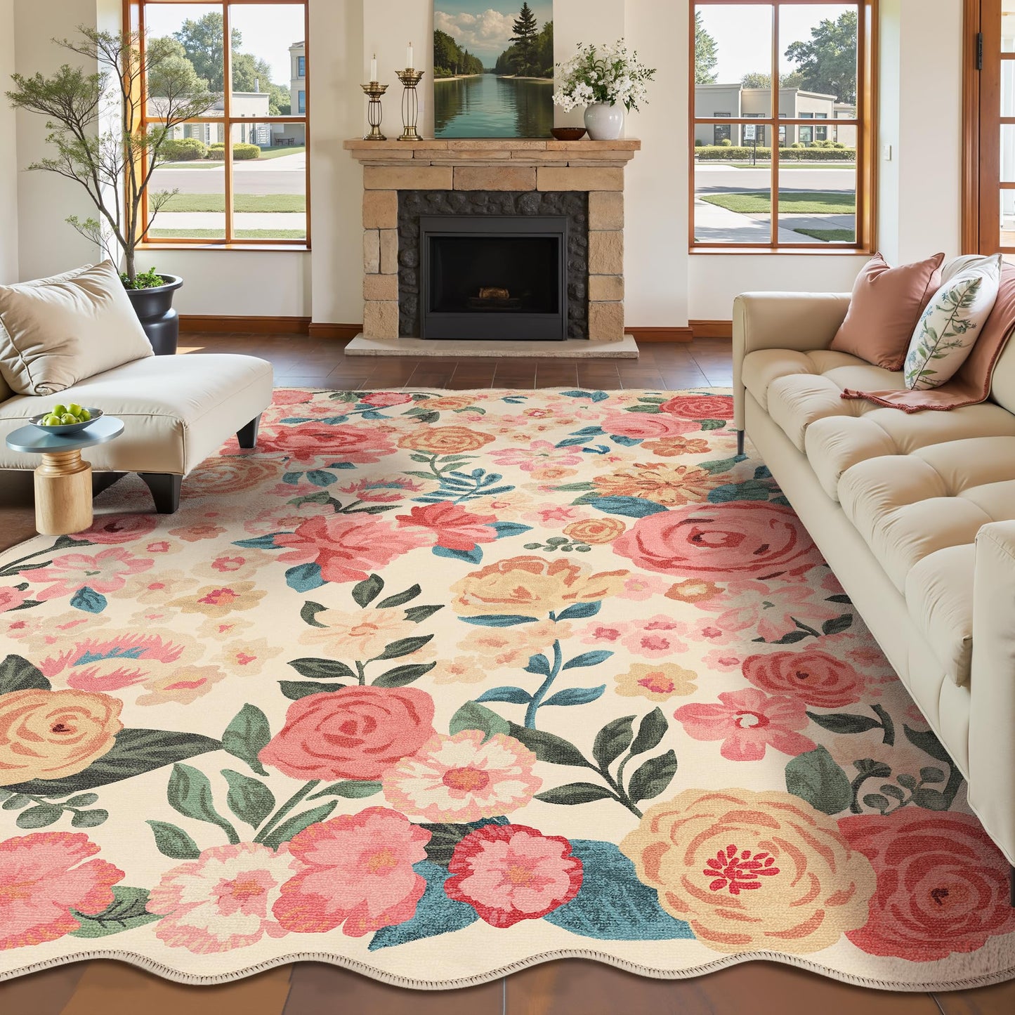 PureCozy Washable Floral Area Rug 5x7 Beige Living Room Carpet Scalloped Flower Non Slip Soft Bedroom Rug Farmhouse Low Pile Thin Indoor Floor Cover for Office Dining Room Kitchen Bathroom