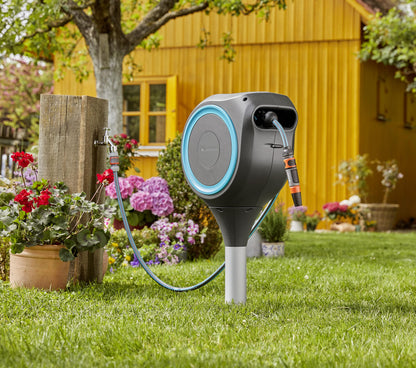 GARDENA 18614-80 | 66' x 1/2" Automatic Retractable Garden Hose Reel on Metal Spike, Outside Garden Hose with 360° swivel Rotation to Reach All Areas of Your Yard. Relocate Hose Reel Easily