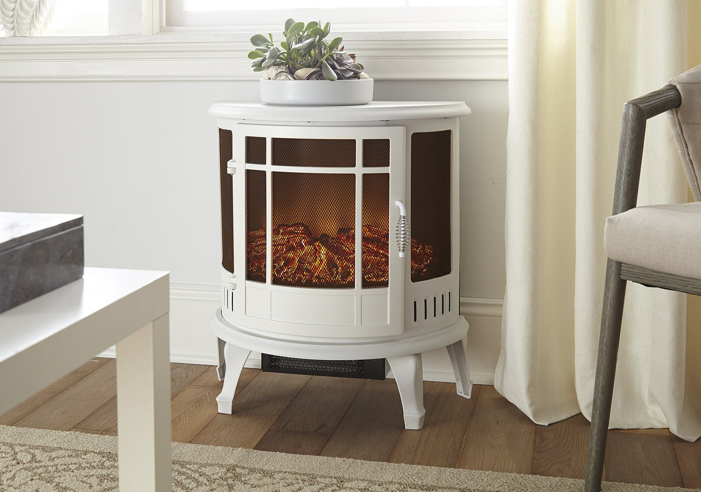 e-Flame USA Regal Freestanding Electric Fireplace Stove - 3-D Log and Fire Effect (White)