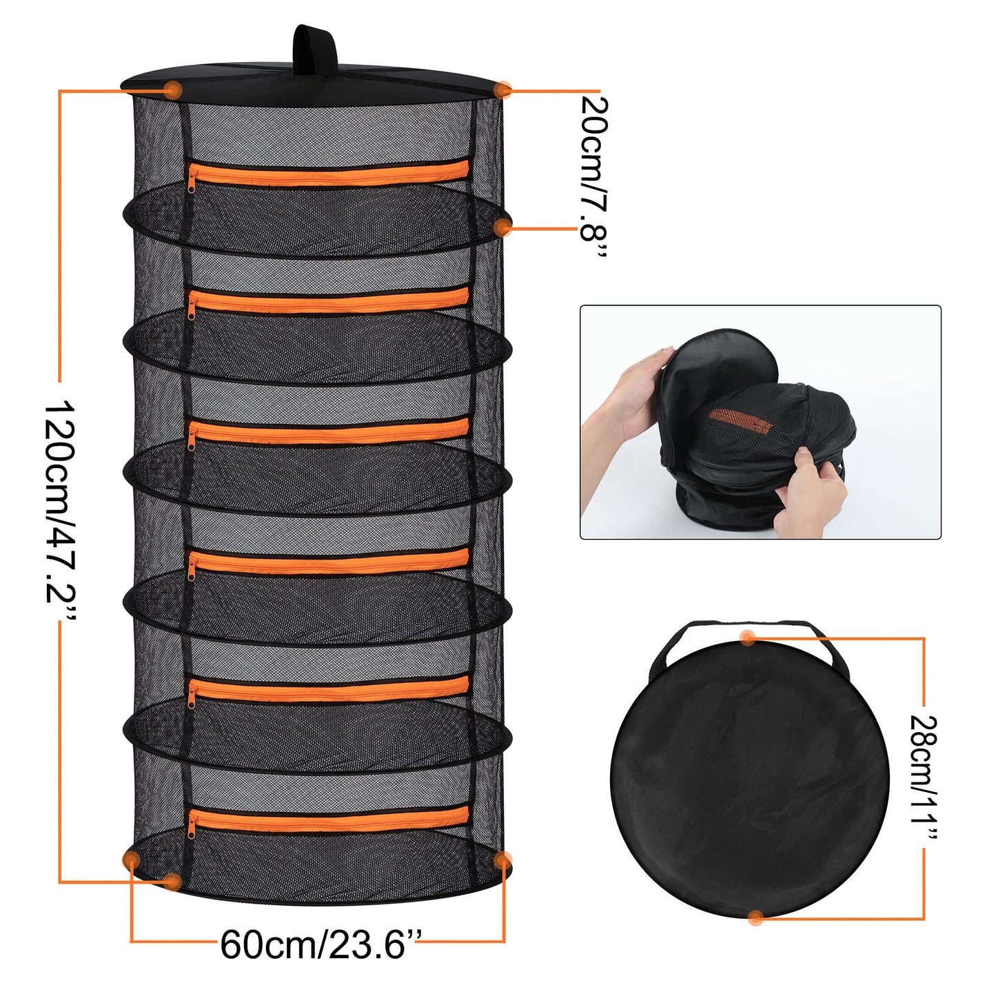 Desy & Feeci Herb Drying Rack-2ft Diameter 6 Layer Folding Mesh Hanging Basket Dryer Net with Zippers for Seeds Flowers Buds Plants Garden Outdoor Bumper Harvest(D24xH47 inch)