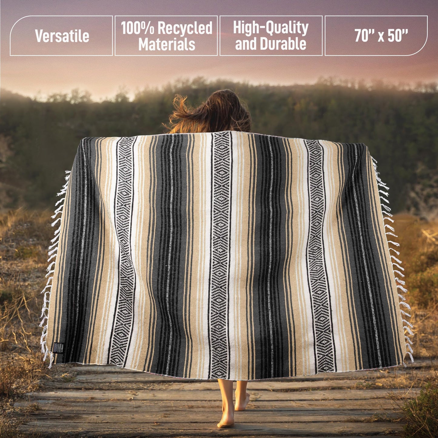 Authentic Large Handwoven Mexican Blanket - Soft Yoga Blankets - Durable Serape - Lightweight Falsa Blanket, Beach, Camping, Picnic, Equestrian Saddle, Outdoor Blankets 70"x50" - Sand