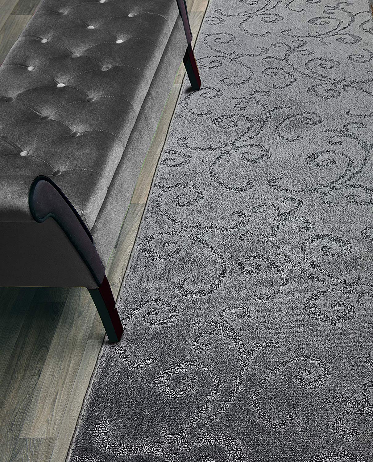 8 Ft Long Non-Slip Washable Carpet Runner Rug with Rubber Backing, 31" X 8' Custom Floor Mat for Kitchen Hallway Stairs Bedroom Bathroom Entryway, Your Choice of Length, Scroll Anthracite Dark Grey