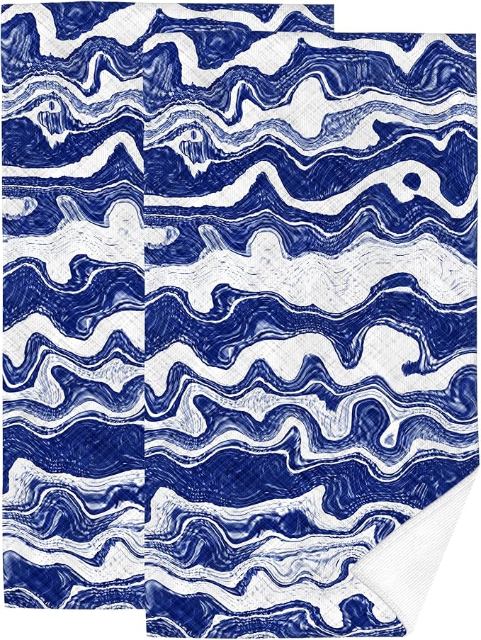 Dark Blue White Waves Striped Hand Towels Bathroom Sets of 2 Modern Abstract Beach Ocean Themed Navy Bath Hand Towels for Bathroom Swim Yoga Spa Home Decorative Gifts 14x28 Inch