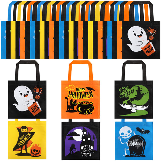 JOYIN 32 Non-Woven Halloween Tote Gift Bags Colorful for Kids, 6 Patterns Design Trick or Treat Bags for Kids Classroom Party Favor Supplies, Reusable Goody Candy Bag, Halloween Snacks Goodie Bag Bulk