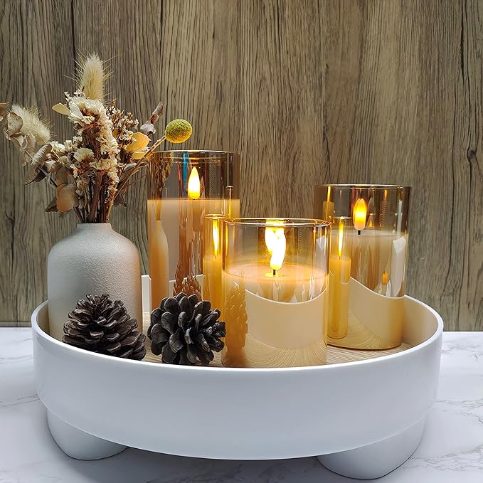 Tyawon Glass Battery Operated LED Flameless Candles with Remote and Timer, Real Wax Candles Warm Color Flickering Light for Festival Wedding Home Party Decor(Pack of 3)-Gold