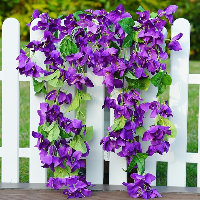 2PCS Bougainvillea Artificial Hanging Flowers Plants for Outdoors Outside Summer Decoration, Faux Silk Flowers Fake Vines UV Resistant Look Real Realistic for Front Door Porch Planter Balcony, Purple