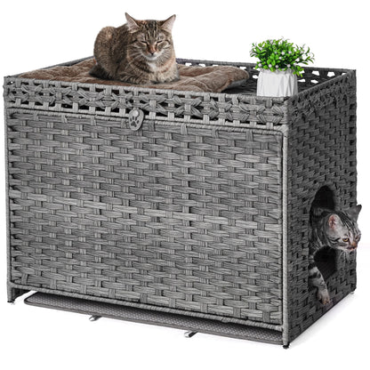 Cat Litter Box Enclosure with Soft Litter Mat; Hidden Kitten Washroom Furniture with Door; Handwoven Rattan Cat House with Large Space; Pet Crate for Living Room, Bedroom, Balcony (Grey)