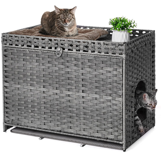 Cat Litter Box Enclosure with Soft Litter Mat; Hidden Kitten Washroom Furniture with Door; Handwoven Rattan Cat House with Large Space; Pet Crate for Living Room, Bedroom, Balcony (Grey)