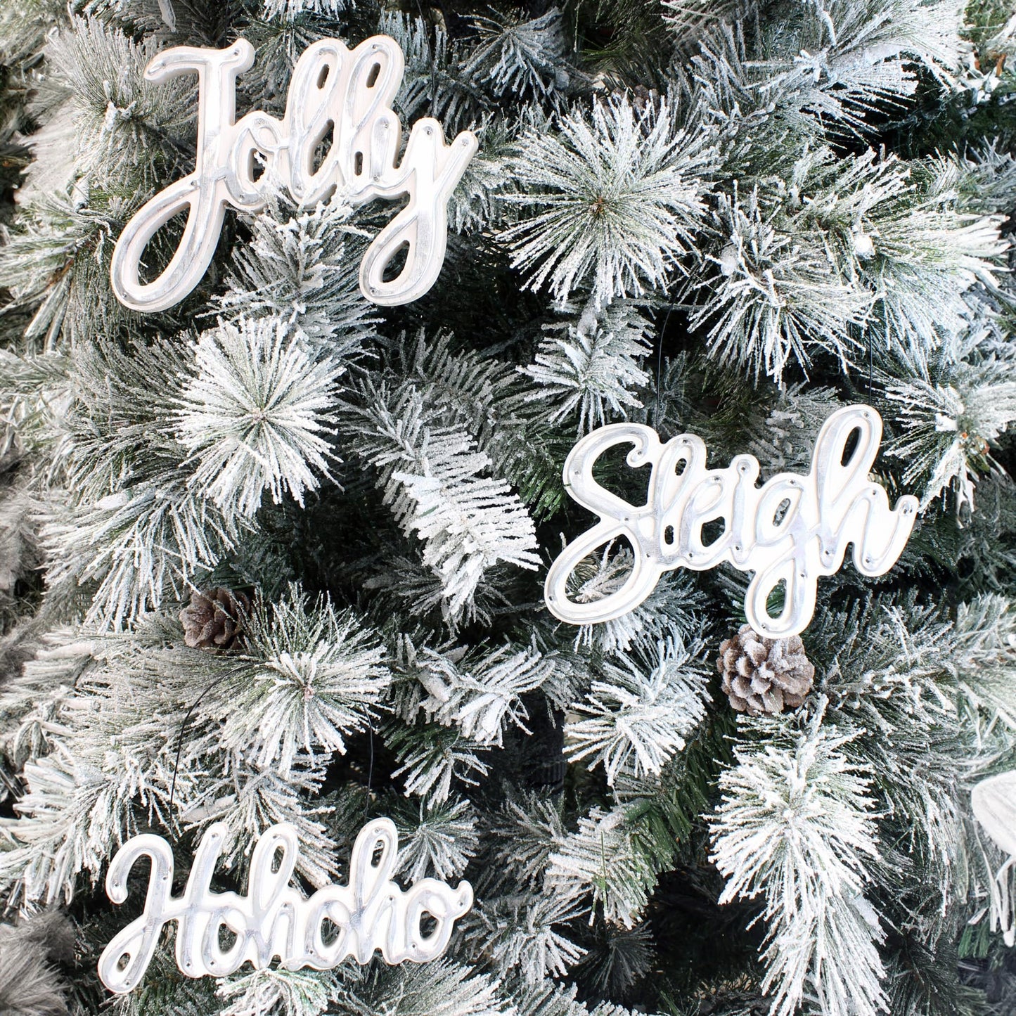 AuldHome Design Large Farmhouse Christmas Word Art Ornaments in Galvanized Rustic Tin Script w/Jolly, Sleigh and Hohoho, (Set of 3 7-Inch Signs)
