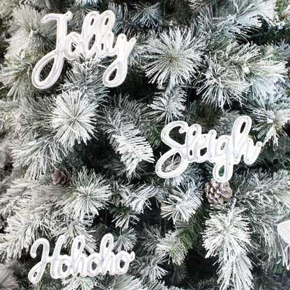 AuldHome Design Large Farmhouse Christmas Word Art Ornaments in Galvanized Rustic Tin Script w/Jolly, Sleigh and Hohoho, (Set of 3 7-Inch Signs)