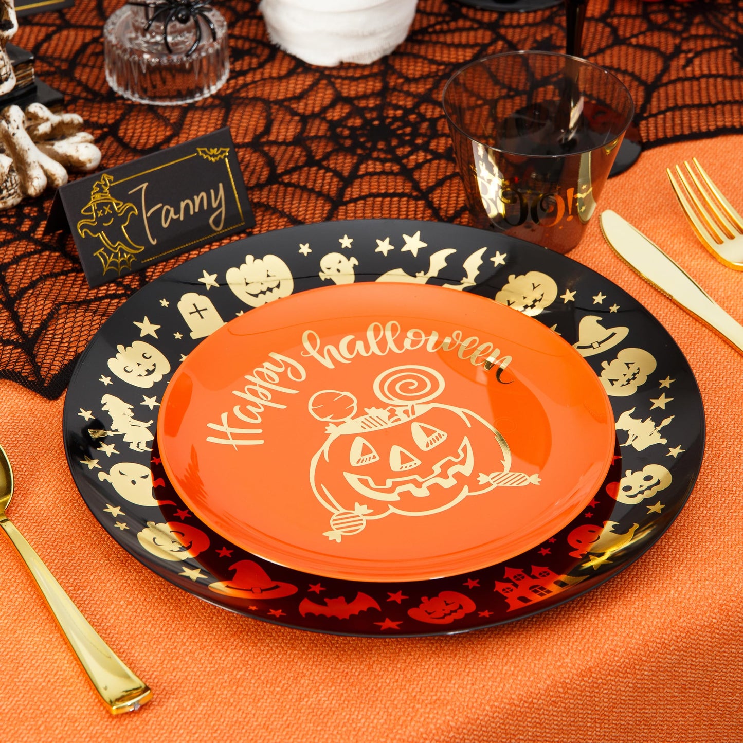 ISFANGCO 60 PCS Plastic Spoof Plates Set for 30 Guests-30 Black Dinner Plates with Gold Ghost Spider,30 Orange Dessert Plate with Gold Pumpkin Lantern