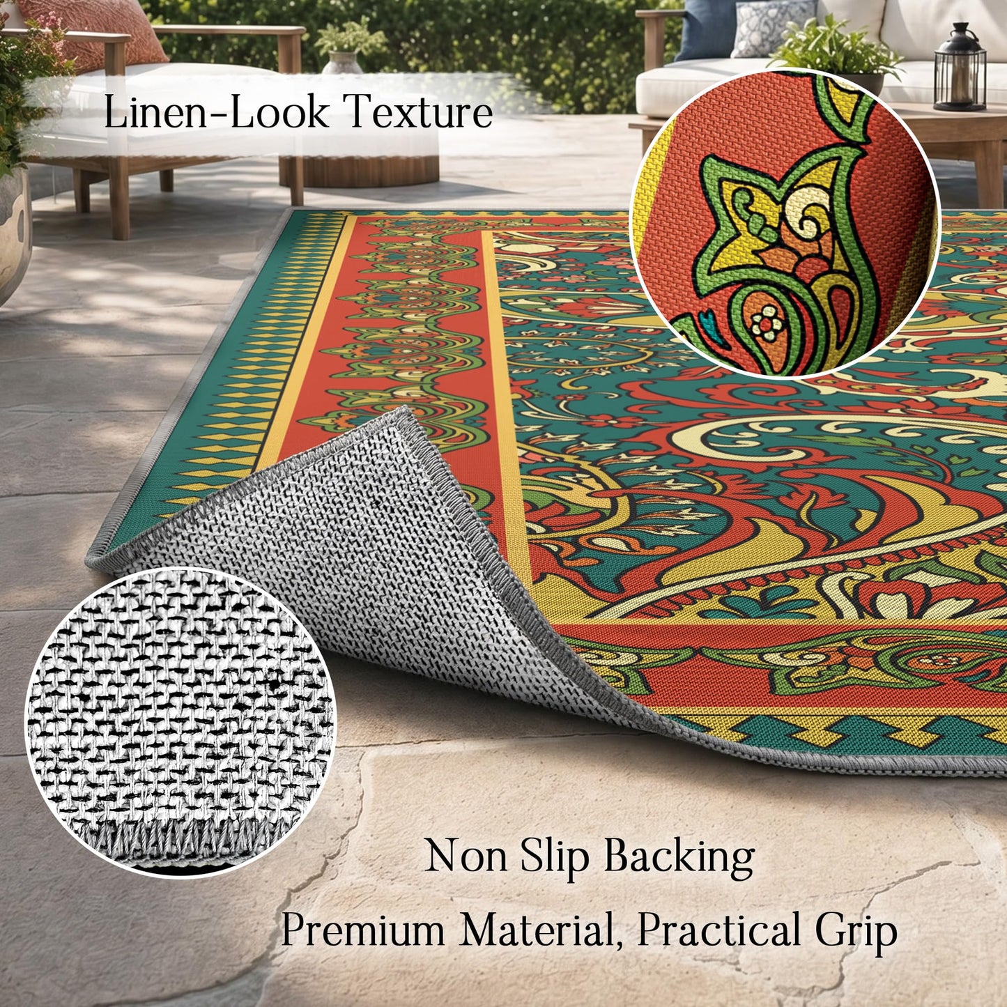 Arenarug Paisley Outdoor Rug Waterproof 5x8, UV Resistant Non Slip Patio Rug, Indoor Outdoor Boho Camping Rug Linen-Look RV Carpet for Deck Balcony Backyard, Terracotta