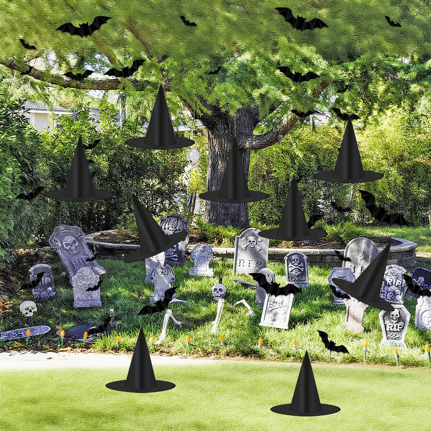 Tepoobea Halloween Decorations Black Witch Hats, 8 Pack Hanging Witches Hats & 32Pcs 3D Bats Halloween Decorations Outdoor Indoor