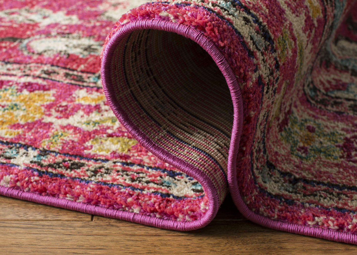 SAFAVIEH Monaco Collection Area Rug - 5' Square, Pink & Multi, Non-Shedding & Easy to Clean, Distressed Medallion Design, Ideal for Living Room, Bedroom, Dining Space (MNC243D)