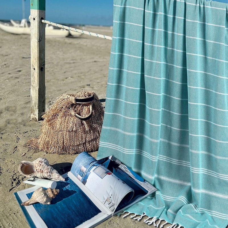 Topjini 1 Pack Turkish Beach Towel, Oversized 39"x71"Quick Dry Sand Free Cotton Striped Bulk Towel Vacation Essentials Pool Rravel Cruise Towels,Aqua
