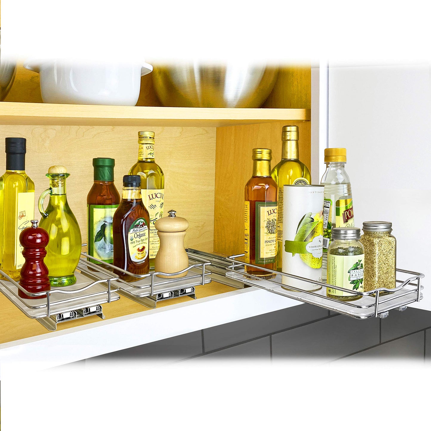 LYNK PROFESSIONAL® Pull Out Spice Rack Organizer for Inside Kitchen Cabinets - 4-1/4 inch Wide - Slide Out Drawer – Chrome Sliding Spice Cabinet Organization Shelf Racks - 2 Tier