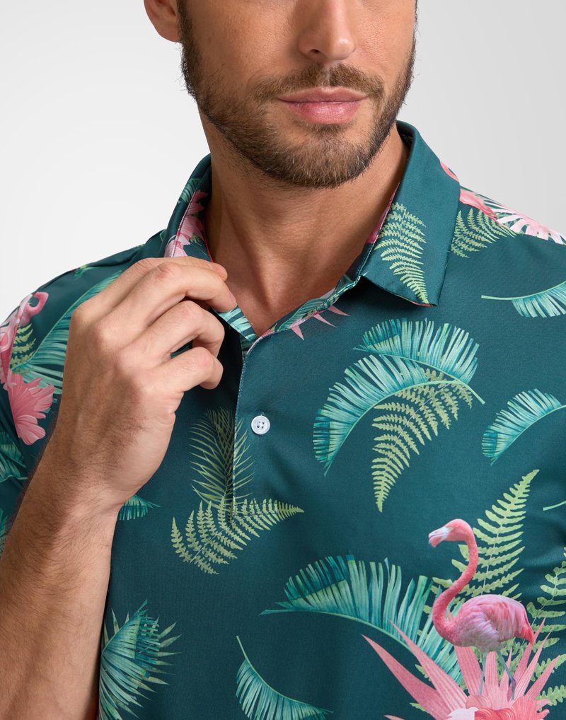 Obla Mens Golf Polo Shirts Short Sleeve Dry Fit Performance Moisture Wicking Casual Print Collared Golf Shirts for Men(Green Flamingo_XXL)