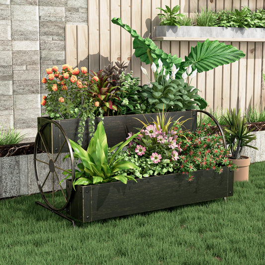 Athuiline Metal Wagon Planter Box, 2-Tier Outdoor Planter Raised Garden Beds with Wheels, Decorative Planter Boxes for Flowers Herbs Vegetables, Small Flower Cart for Patio, Balcony (Retro Gold)