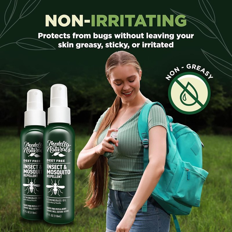 Deet-Free Insect & Mosquito Repellent | Natural Lemongrass Oil Spray - Safe for Kids & Pets, 4 oz (Pack of 2)