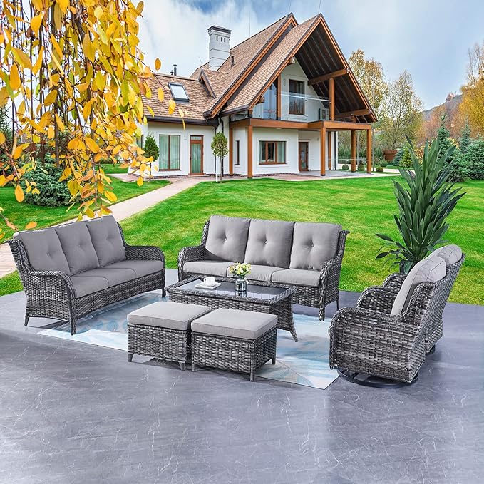 Rilyson Wicker Patio Furniture Set - 7 Piece Rattan Outdoor Sectional Conversation Sets with 2 Rocking Swivel Chairs,2 Ottomans,2 Sofa and 1 Coffee Table for Porch Deck Garden(Mixed Grey/Grey)