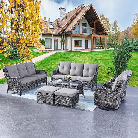Rilyson Wicker Patio Furniture Set - 7 Piece Rattan Outdoor Sectional Conversation Sets with 2 Rocking Swivel Chairs,2 Ottomans,2 Sofa and 1 Coffee Table for Porch Deck Garden(Mixed Grey/Grey)