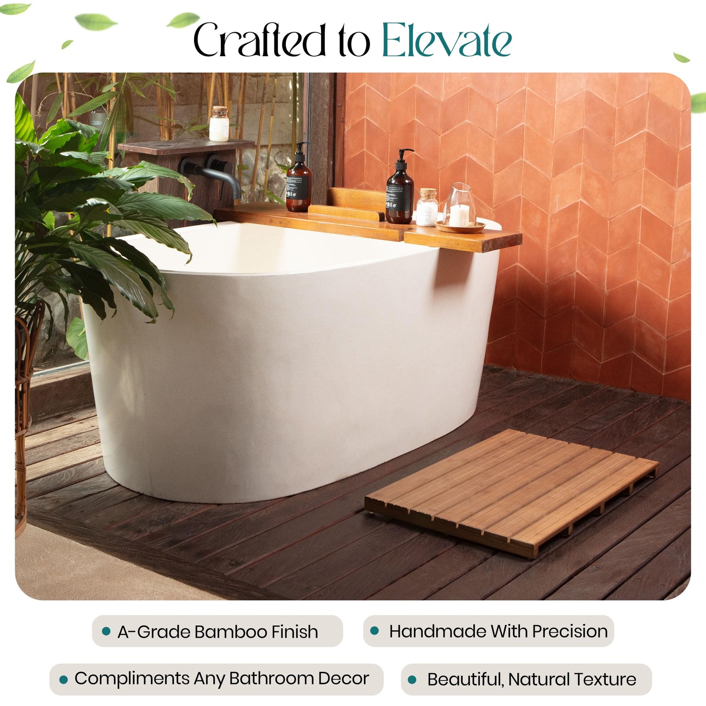 Large Walnut Bamboo Bath Mat – Non-Slip Design Sauna Floor Mat, Secure Grip Pads, Water-Resistant Coating, Durable for Indoor/Outdoor Use, Bamboo Decor