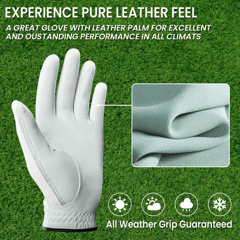 FINGER TEN Premium Golf Gloves Men Cabretta Leather Value 3 Pack for Right Left Handed Golfers, All Weather Grip Comfortable Glove Size S M ML L XL for Left Right Hand (White-3 Pack, Large, Left)