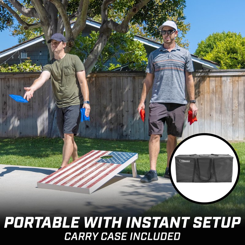 GoSports 4 x 2 ft Regulation Size Wood Cornhole Board Set - Rustic American Flag Design, Includes 2 Boards, 8 Bean Bags, Carrying Case and Game Rules