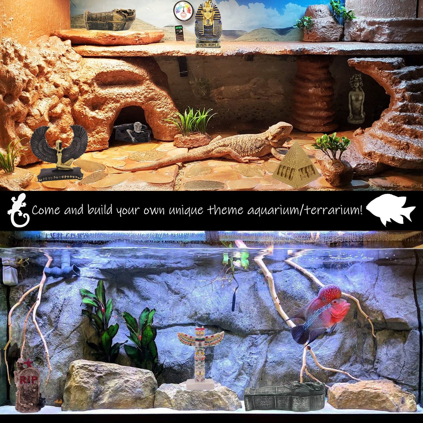 Kocris Casa Death with Sickle Aquarium Fish Tank Decorations Statue Figurine Reptile Lizard Tanks Terrarium Devil Skull Halloween Décor Ornament Pet